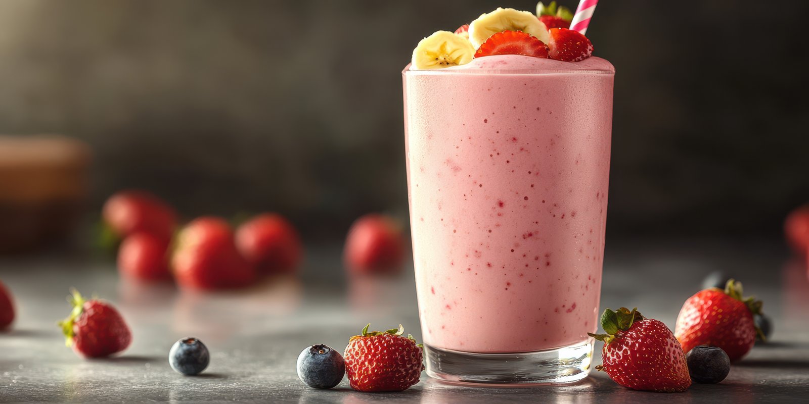Delicious fruit smoothie prepared with strawberries, blueberries, and bananas on a kitchen countertop
